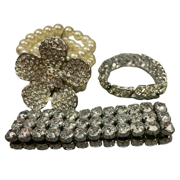 Vintage MCM Silver tone Rhinestone Bracelets, one with Flower and Faux Pearls - Picture 2 of 11